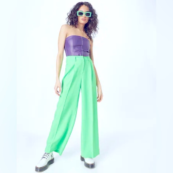 NastyGal Pleated Wide Leg High-Waist Utility Trousers Sea Mint Green NWOT Sz 4 - Picture 13 of 13